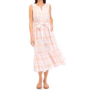 Womens size medium Chaps NWT pink & yellow plaid button front dress with pockets